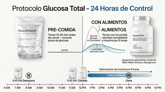 Protocolo Glucosa Total - 24 Horas de Control - GlucoShield PRE-COMIDA + GlucoTrim CON ALIMENTOS