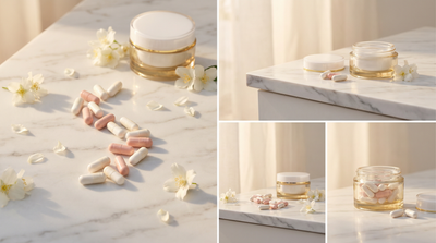 Elara inositol para SOP y menopausia: cápsulas rosas con flores blancas sobre mármol