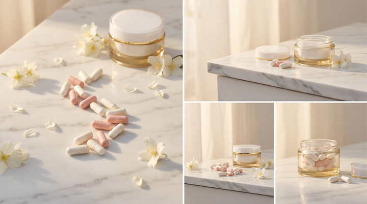 Elara inositol para SOP y menopausia: cápsulas rosas con flores blancas sobre mármol