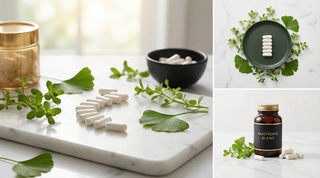 Suplementos para energía mental sin cafeína: cápsulas nootrópicas con hojas de ginkgo sobre mármol