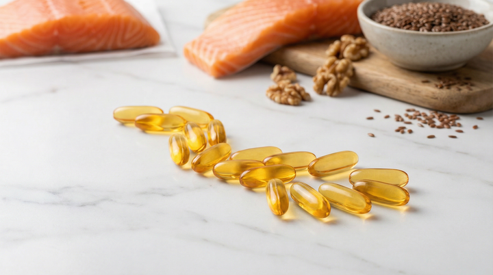Omega-3 para mujeres: cápsulas de aceite de pescado en mármol blanco con salmón y nueces de fondo
