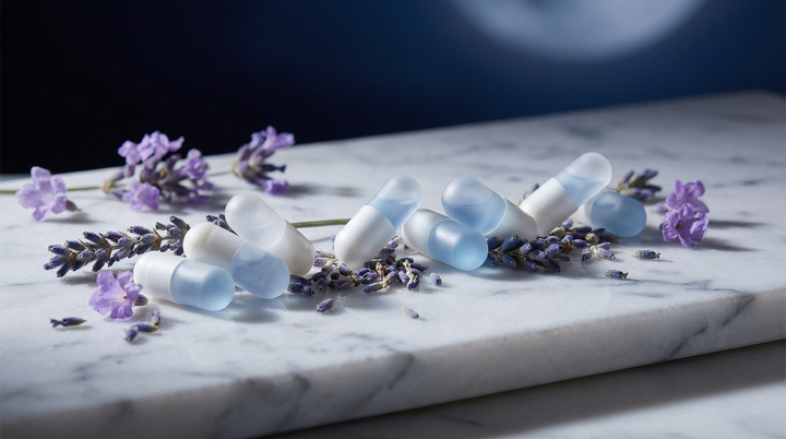 Suplementos para dormir sin somnolencia: cápsulas azules con lavanda sobre mármol fondo oscuro