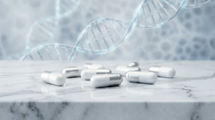 NMN vs NR: cápsulas de suplementos de NAD+ en mármol con estructura de ADN de fondo