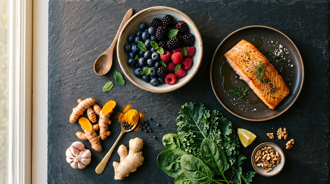 Alimentos antiinflamatorios flat lay — dieta anti-inflamación crónica de bajo grado