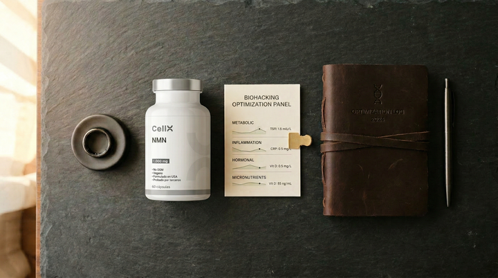 Escritorio biohacking con CellX NMN — nicotinamida mononucleótido para hombres mayores de 40