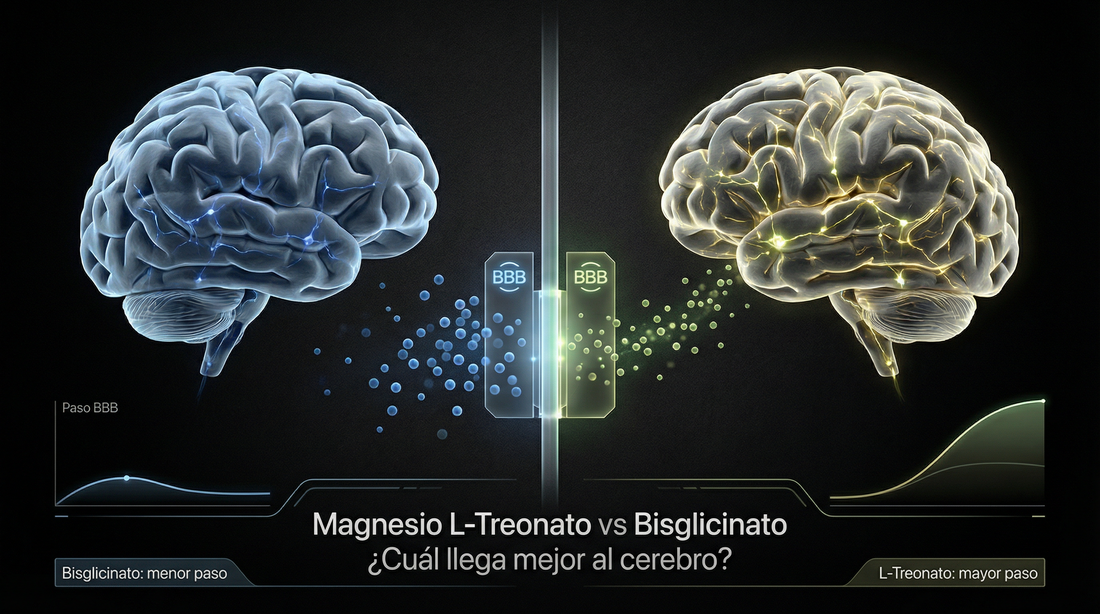 Ilustración editorial de cerebro y barrera hematoencefálica — Magnesio L-Treonato vs Glicinato CellX