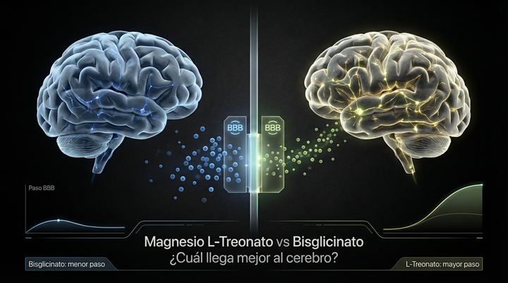 Ilustración editorial de cerebro y barrera hematoencefálica — Magnesio L-Treonato vs Glicinato CellX