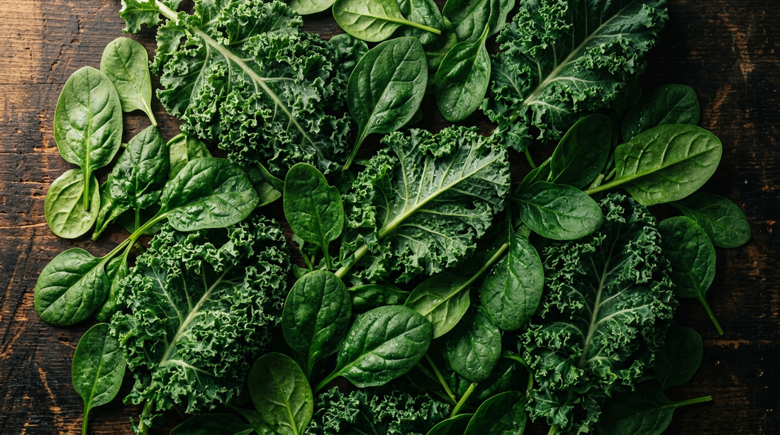 Verduras de hoja verde oscura ricas en magnesio — espinacas y col rizada macro photography