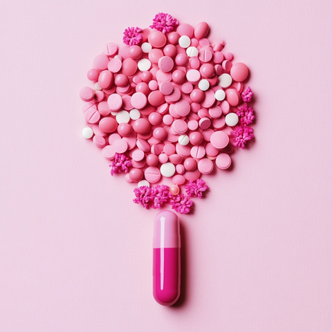 Inositol supplement image featuring a pink capsule with effervescent tablets emerging, set against a pink backdrop