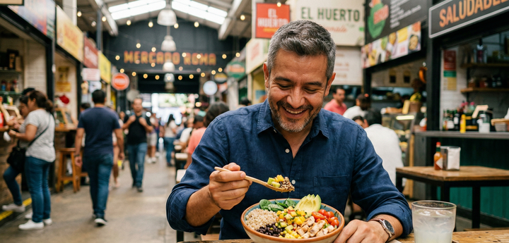 Hombre mexicano comiendo saludable en Mercado Roma CDMX — GlucoTrim CellX