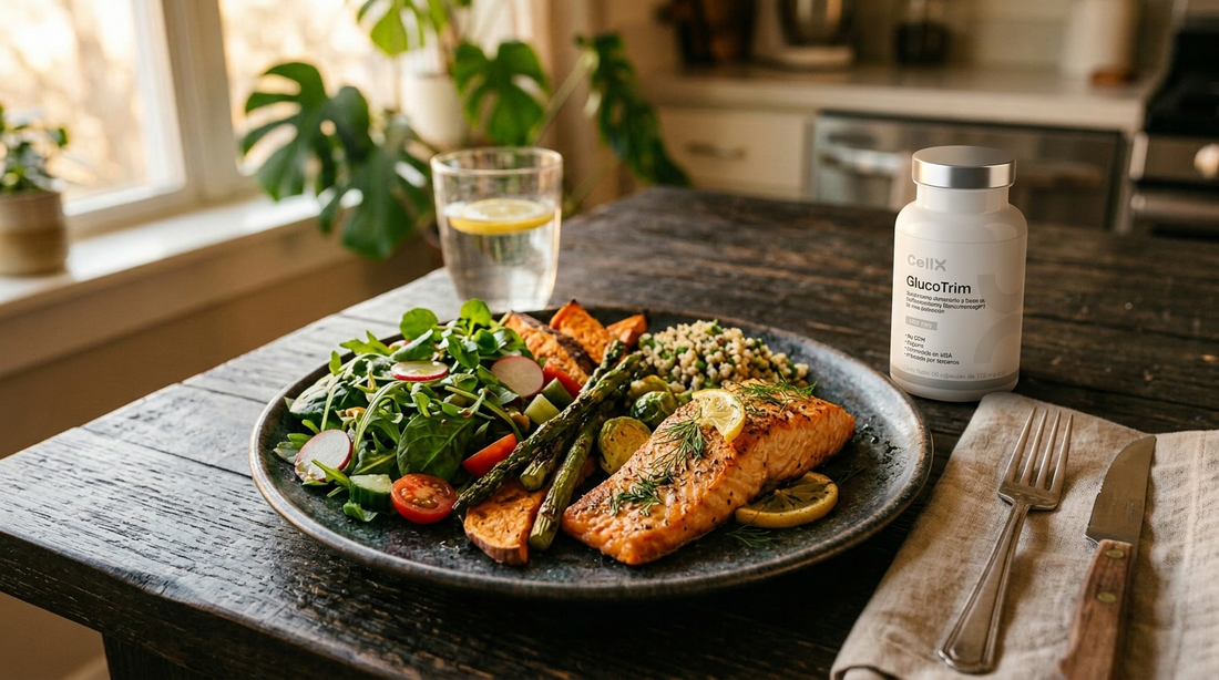 Plato saludable bajo índice glucémico — proteína, verduras y granos integrales para control de insulina