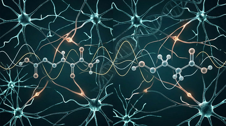 Visualización molecular L-Teanina y receptores GABA — mecanismo ansiolítico sin somnolencia