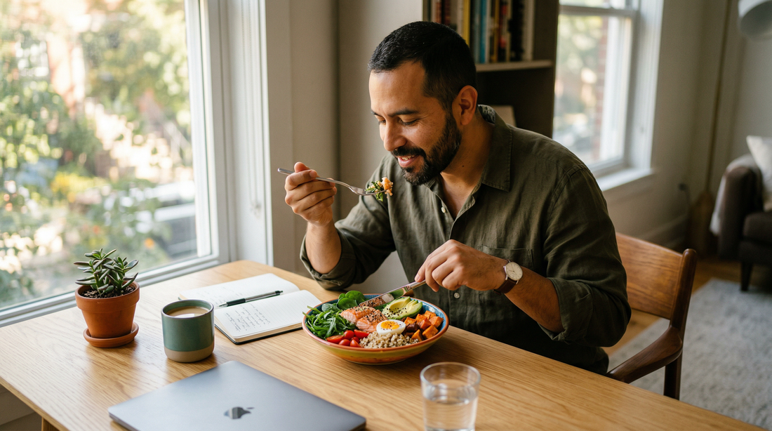 Hombre latino con comida saludable — control de glucosa natural con dieta y suplementos