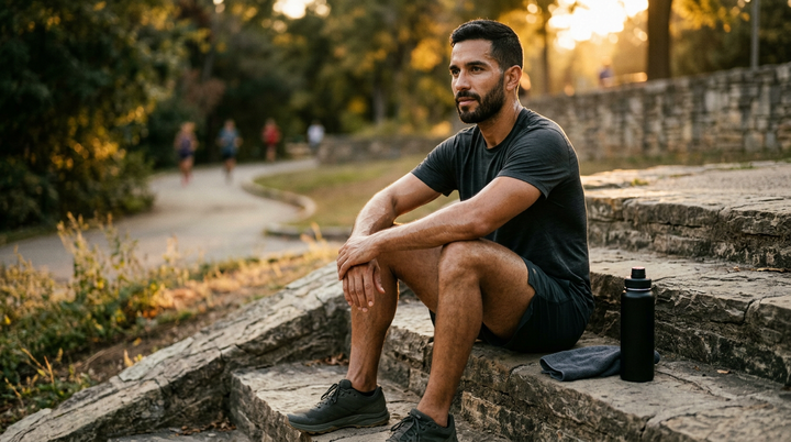 Hombre latino post-entrenamiento en hora dorada — magnesio para deportistas en México