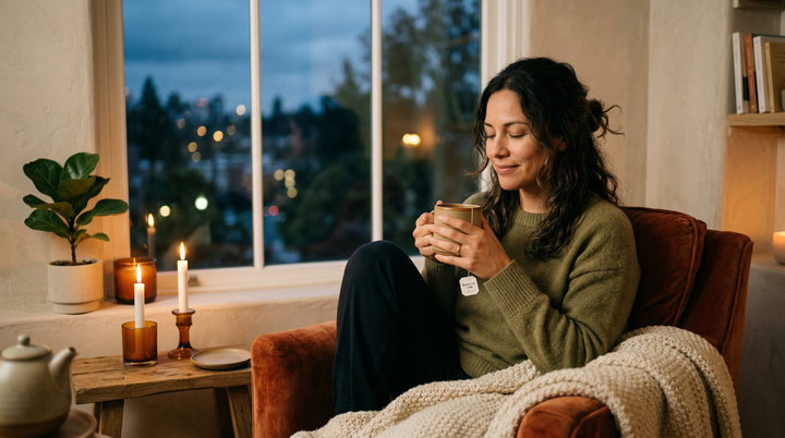 Mujer latina preparando té de manzanilla por la noche — ritual de sueño y suplementos para el insomnio