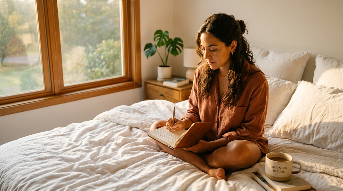 Mujer latina escribiendo en diario por la mañana — magnesio para ansiedad y estrés crónico