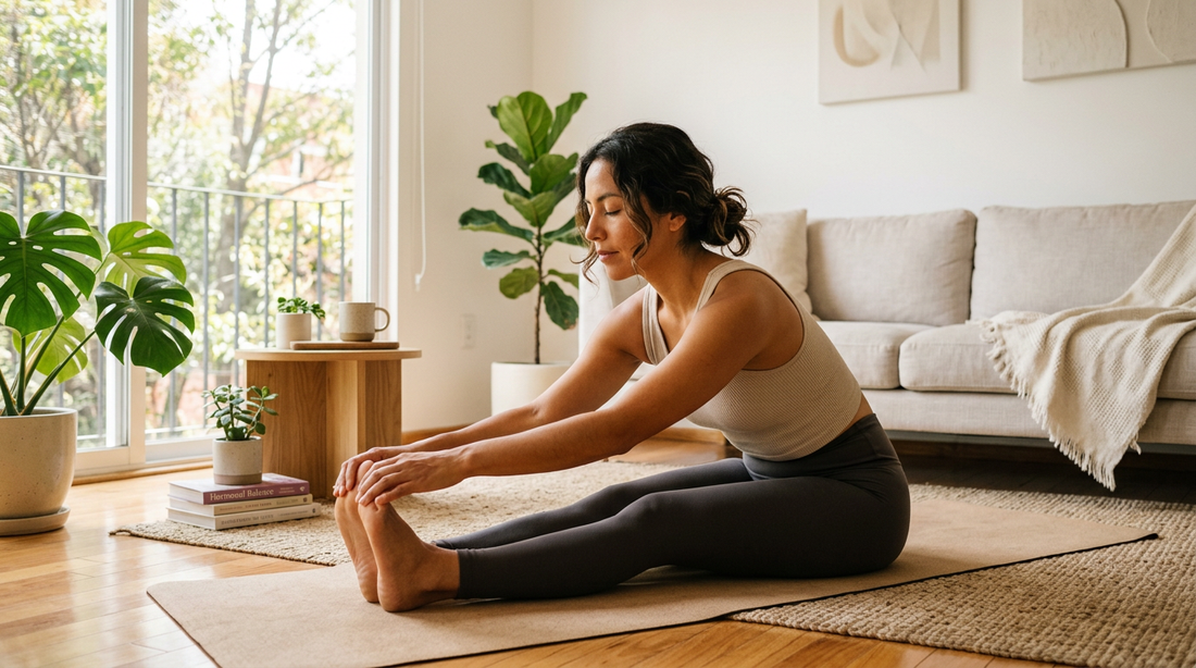 Mujer latina haciendo yoga por la mañana — creatina para mujeres activas en México