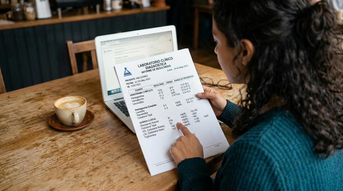 Mujer latina revisando resultados de laboratorio — suplemento para triglicéridos altos Omega-3 México