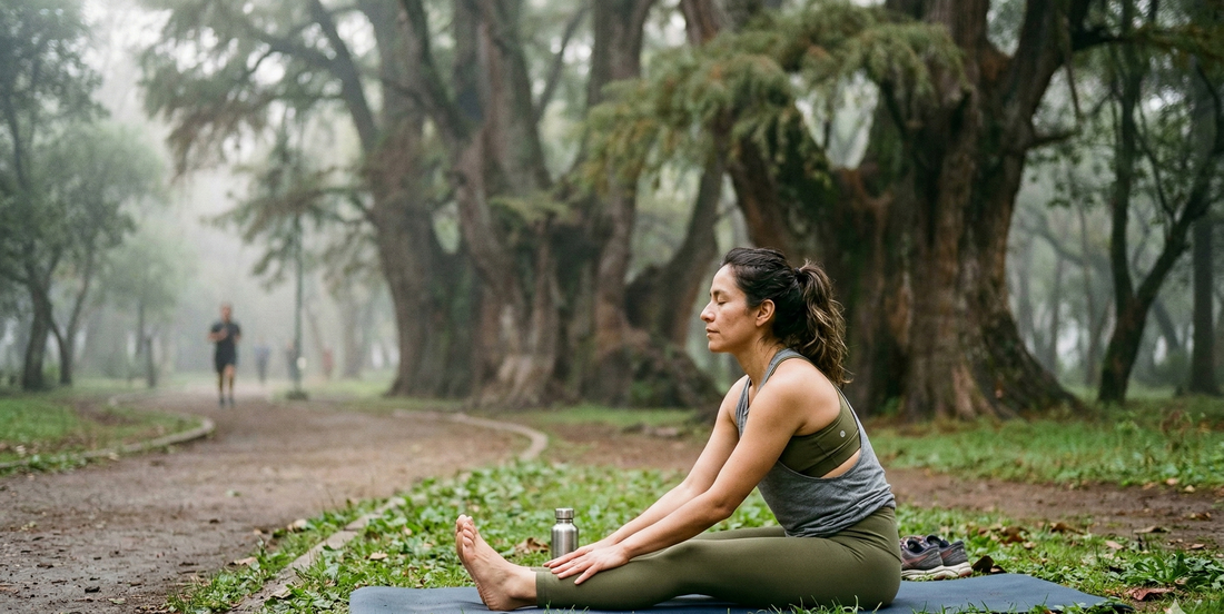 Mujer mexicana haciendo yoga en Bosque de Chapultepec CDMX — Magnesium Ultra CellX