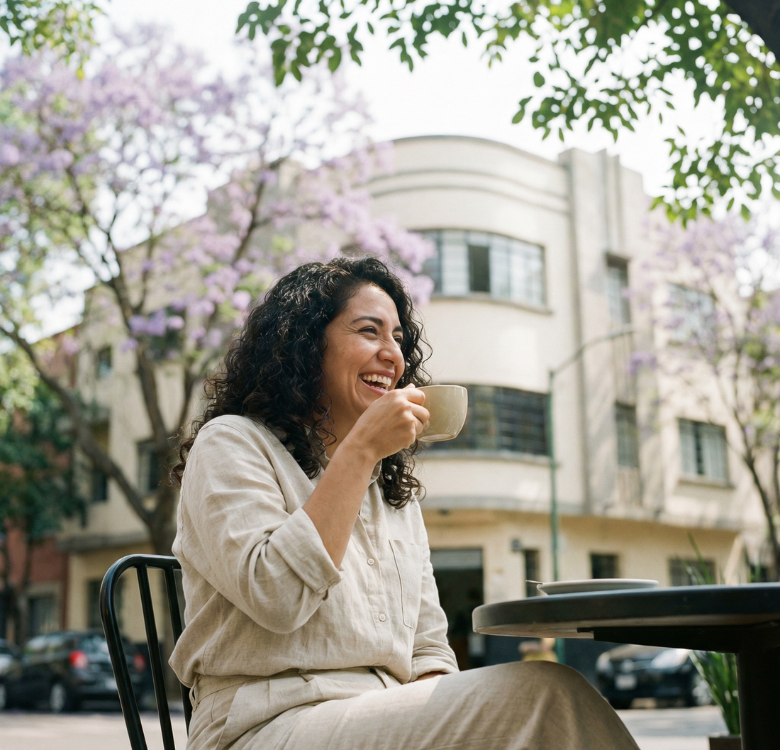 Mujer mexicana en café de la Colonia Condesa CDMX — Elara CellX inositol para SOP