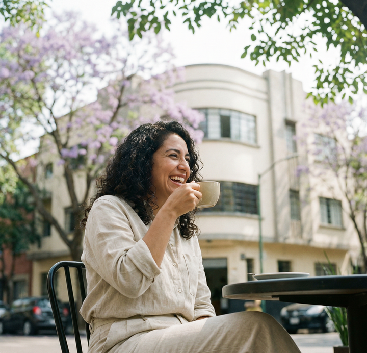 Mujer mexicana en café de la Colonia Condesa CDMX — Elara CellX inositol para SOP