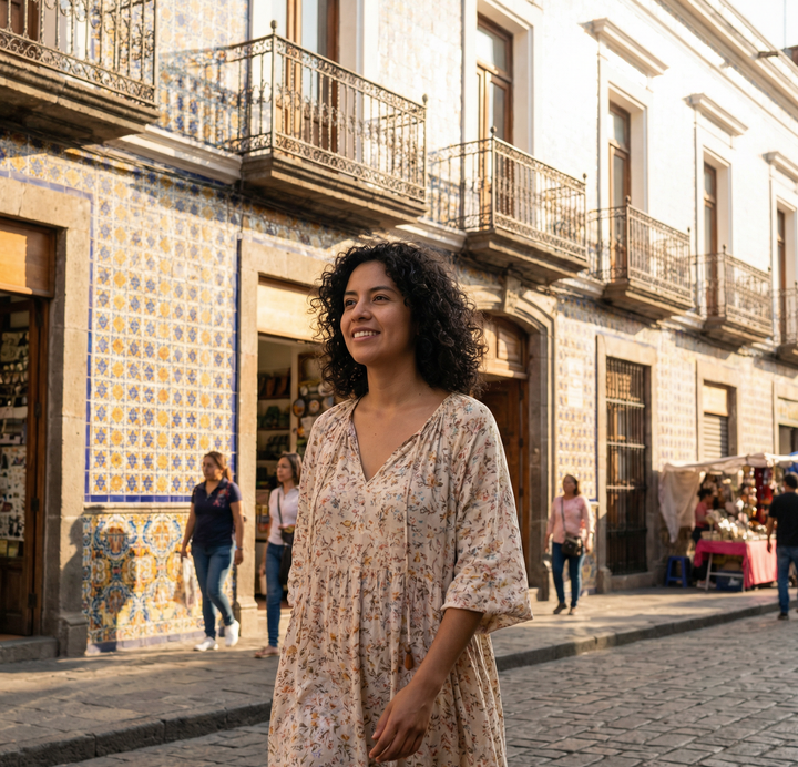 Mujer mexicana en Centro Histórico Puebla — Elara CellX inositol para SOP