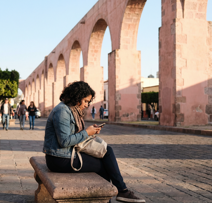 Mujer mexicana junto al acueducto de Querétaro — Elara CellX inositol