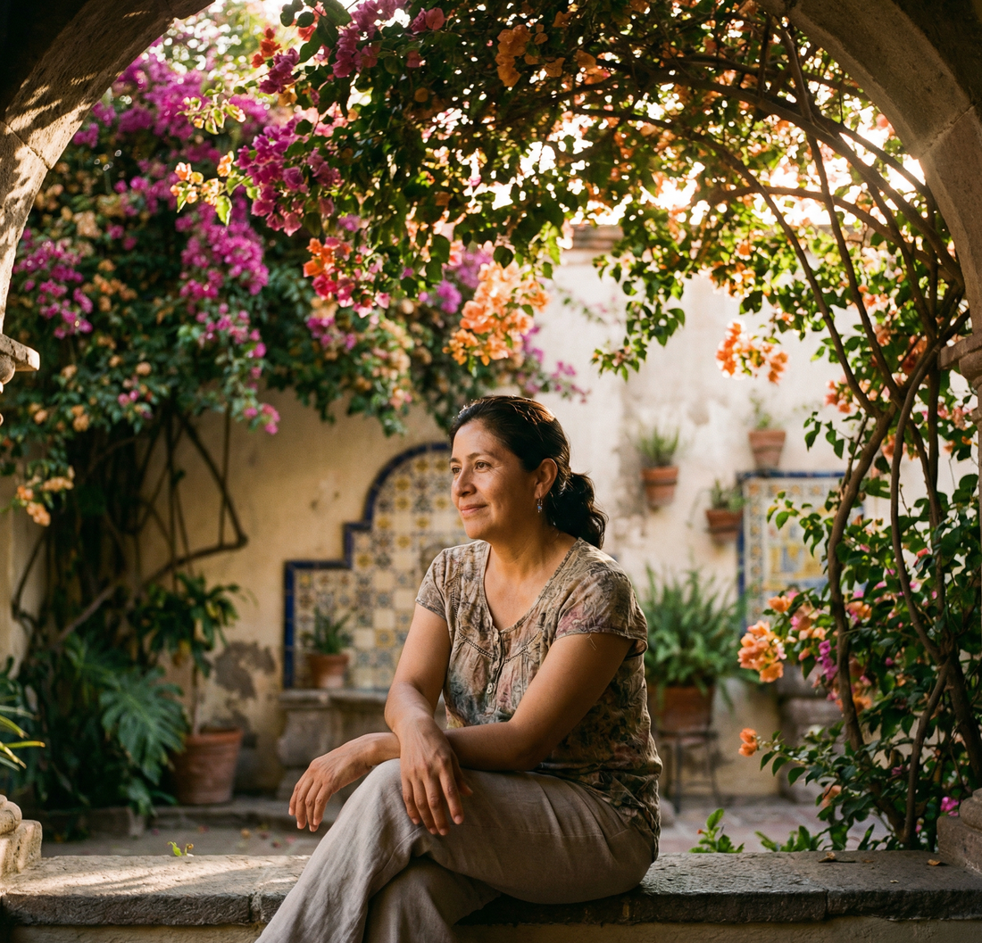 Mujer mexicana en patio colonial Tlaquepaque Guadalajara — Elara CellX inositol