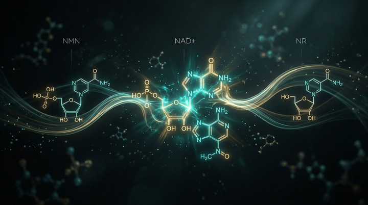 Diagrama de la vía de síntesis del NAD+ — NMN, NR y triptófano convergen en nicotinamida mononucleótido