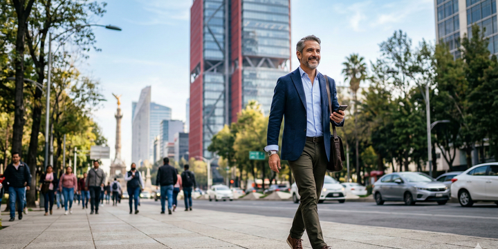 Ejecutivo mexicano caminando por Reforma CDMX — Power Up NMN 1000 CellX