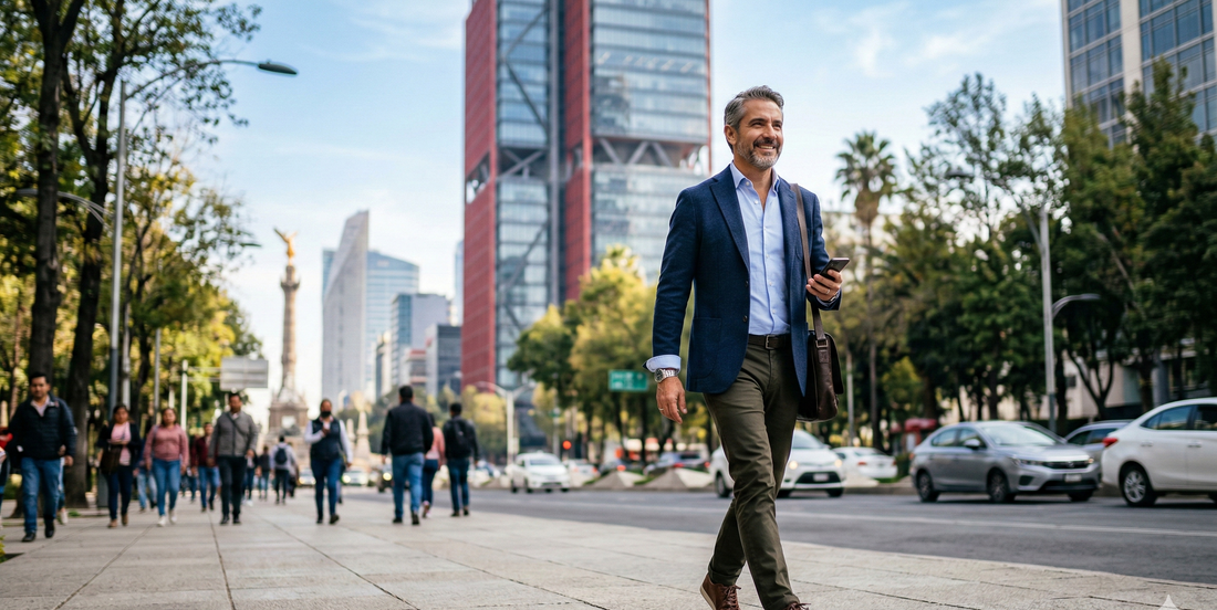Ejecutivo mexicano caminando por Reforma CDMX — Power Up NMN 1000 CellX