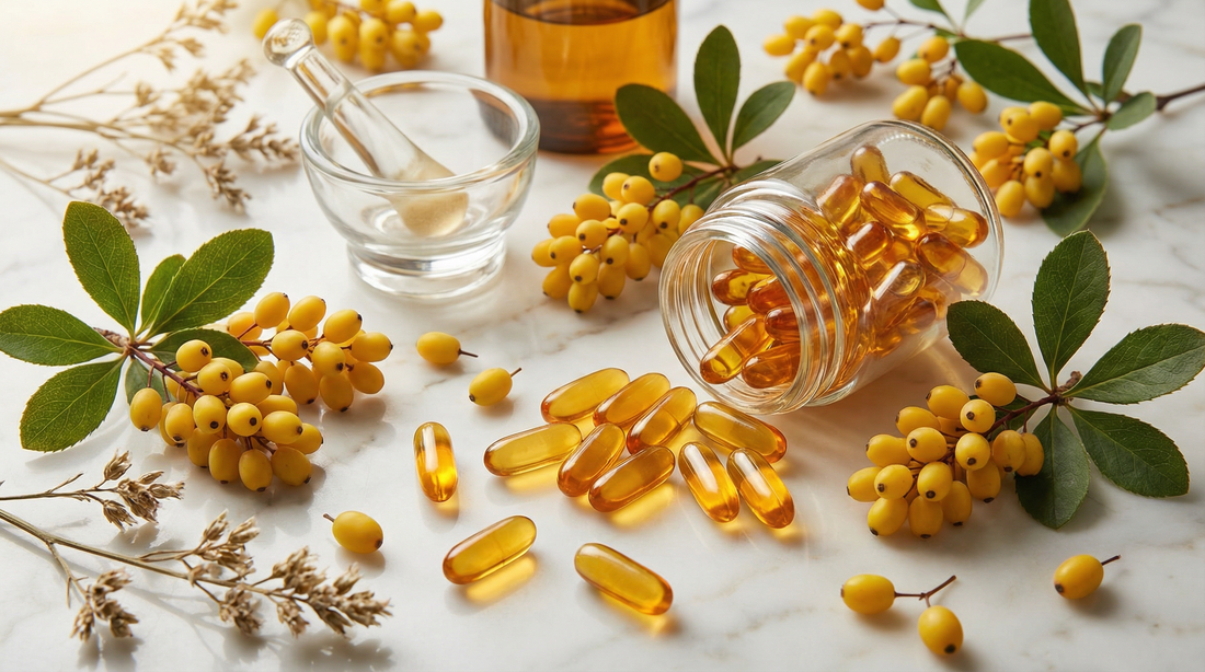 Berberina vs metformina: cápsulas doradas con bayas de berberis y hojas verdes sobre mármol
