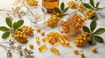 Berberina vs metformina: cápsulas doradas con bayas de berberis y hojas verdes sobre mármol