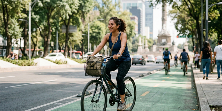 Mujer ciclista en Reforma CDMX estilo de vida activo — Omega-3 Ultrapuro CellX