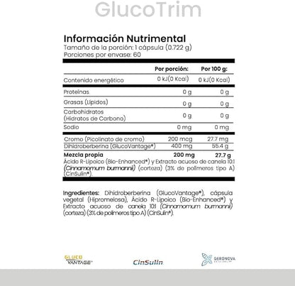 GlucoTrim | GlucoVantage®, Geronova®, Cromo y Cinsulin® de Cell X | Salud metabólica | 60 cápsulas - CellX México