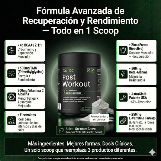 Post - Workout | BCAA 2:1:1, Glutamina y ALCAR de CellX | Mezcla para después del entrenamiento | Polvo - CellX México