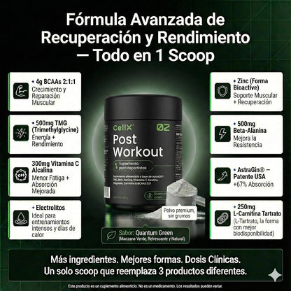 Post - Workout | BCAA 2:1:1, Glutamina y ALCAR de CellX | Mezcla para después del entrenamiento | Polvo - CellX México