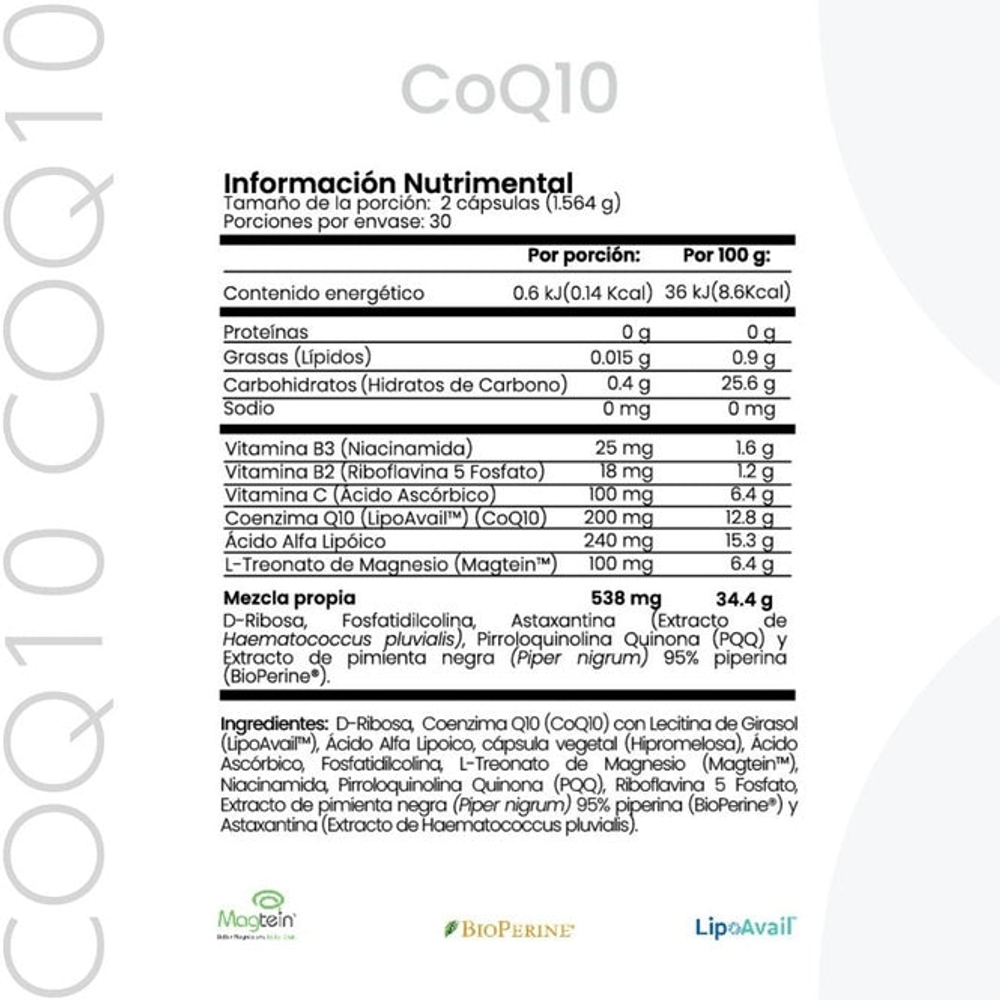 CoQ10 CellX suplemento mitocondrial capsulas sobre superficie blanca