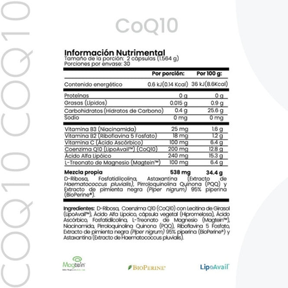 CoQ10 CellX suplemento mitocondrial capsulas sobre superficie blanca