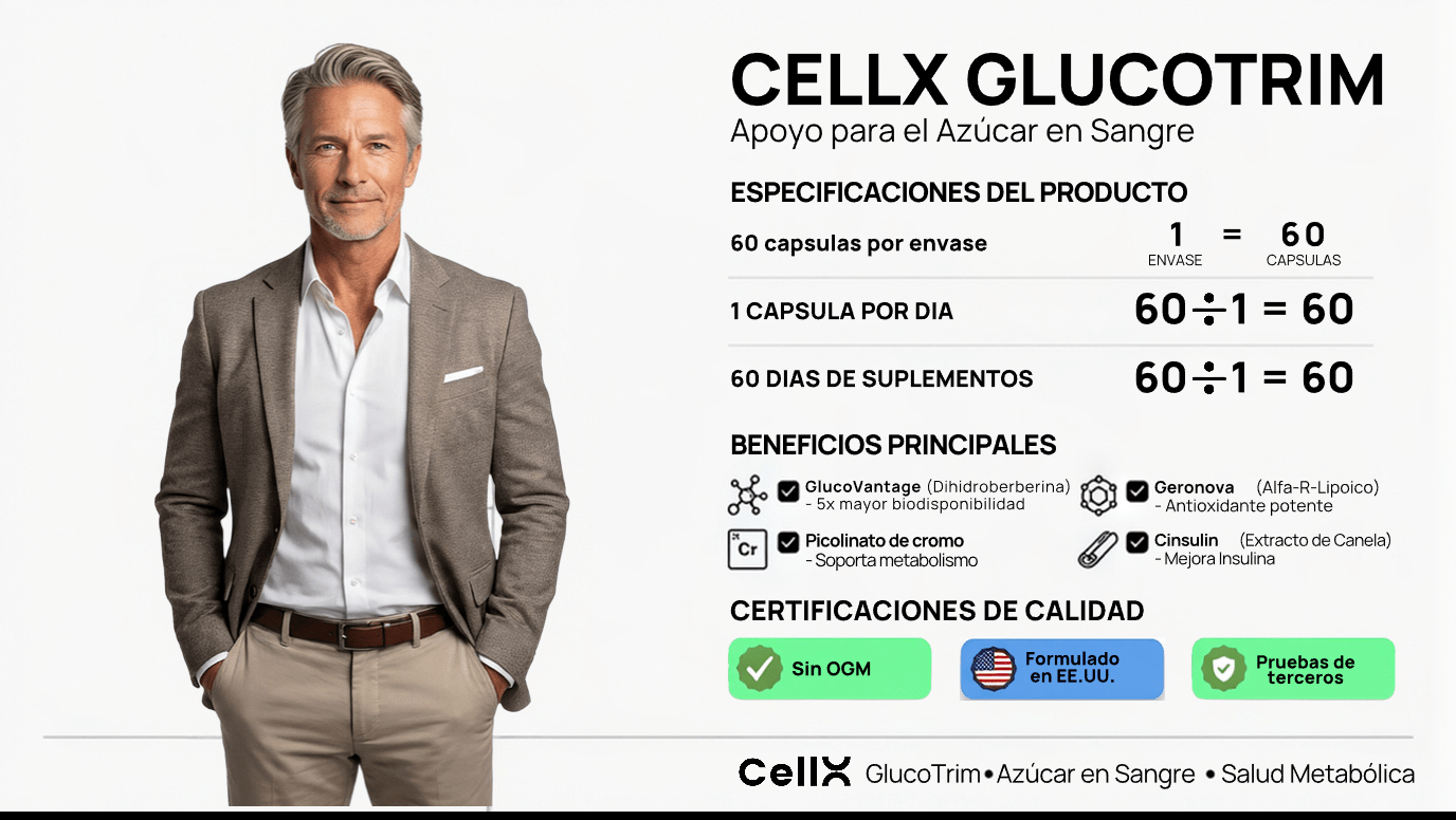 GlucoTrim | GlucoVantage®, Geronova®, Cromo y Cinsulin® de Cell X | Salud metabólica | 60 cápsulas - CellX México