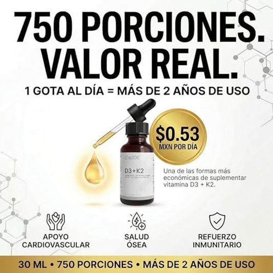 Vitamina D3 + K2 MK-7 en Gotas | Alta Absorción con Aceite MCT | 750 Porciones