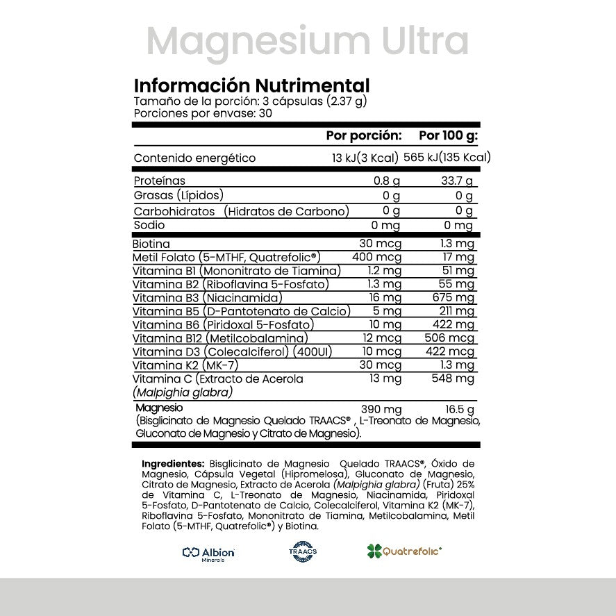 Magnesium Ultra CellX - información nutrimental e ingredientes - 90 cápsulas