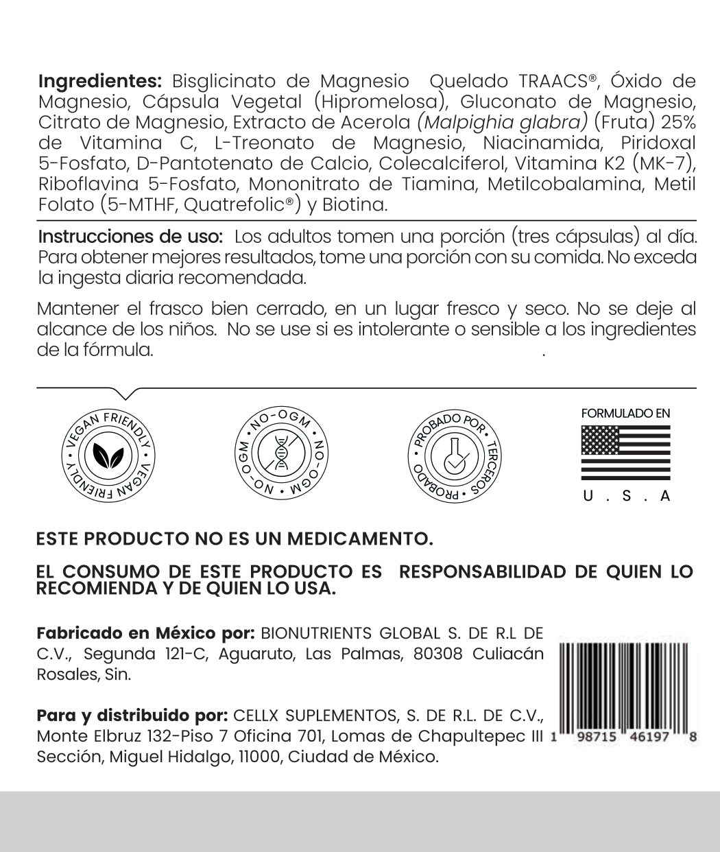 Magnesium Ultra CellX - ingredientes e instrucciones de uso de la etiqueta actual