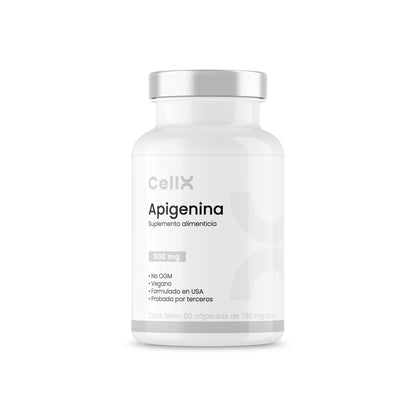 Frasco del suplemento Apigenin de CellX con 60 cápsulas, antioxidante para salud celular y descanso reparador