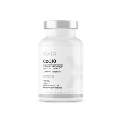 Frasco del suplemento CoQ10 de CellX con 60 cápsulas, antioxidante para salud cardiaca y energía celular