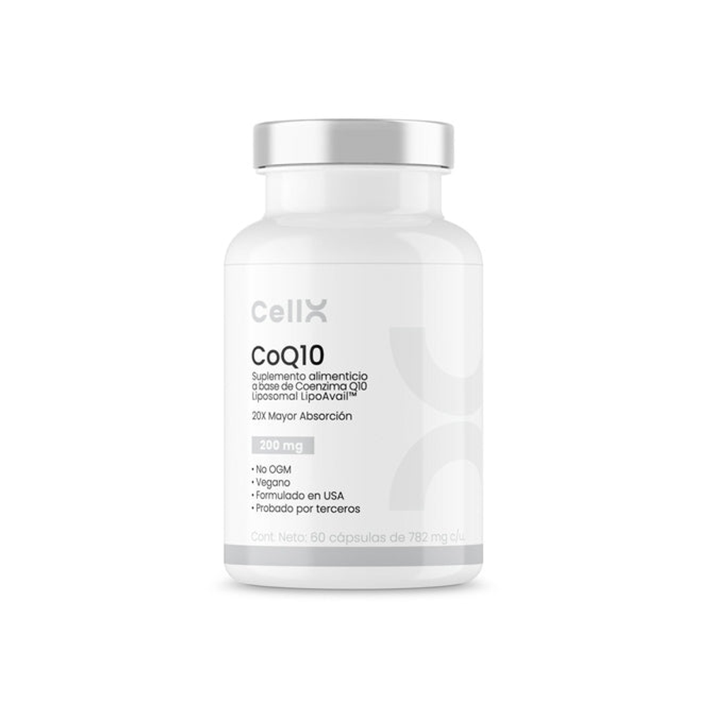 CoQ10 CellX suplemento liposomal 200mg frente del frasco con etiqueta