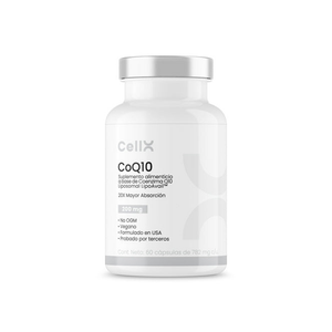CoQ10 CellX suplemento liposomal 200mg frente del frasco con etiqueta