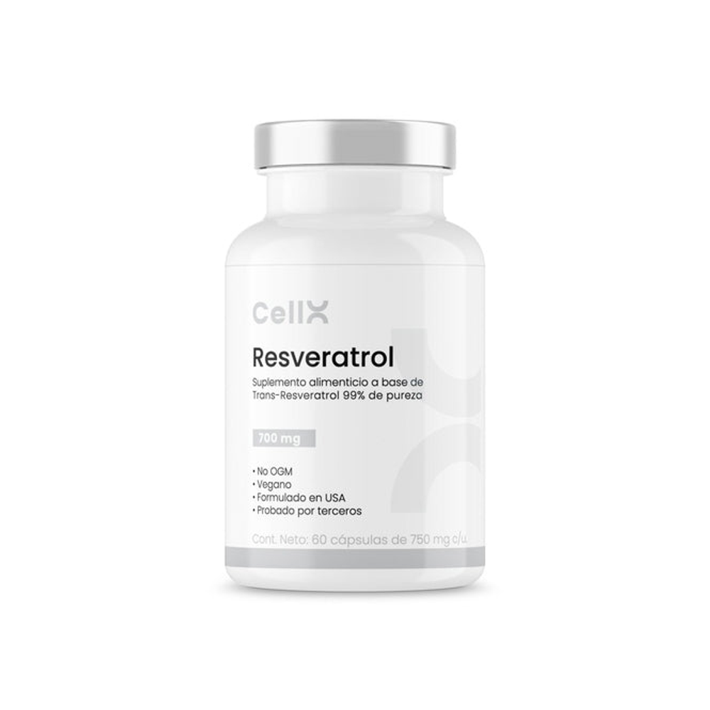Resveratrol CellX suplemento 700mg trans-resveratrol frente del frasco con etiqueta