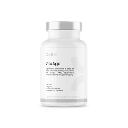 Frasco del suplemento VitaAge de CellX con 60 cápsulas, fórmula antiedad con antioxidantes y protección celular avanzada