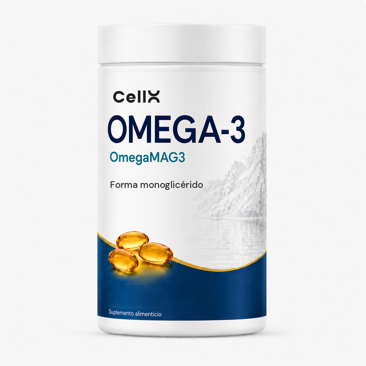 Frasco de OmegaMAG3 de CellX, omega-3 en forma de monoglicérido